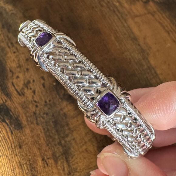 Vintage Judith Ripka Sterling Silver Amethyst Hinged Cuff Bracelet Rope Textured - Picture 5 of 17